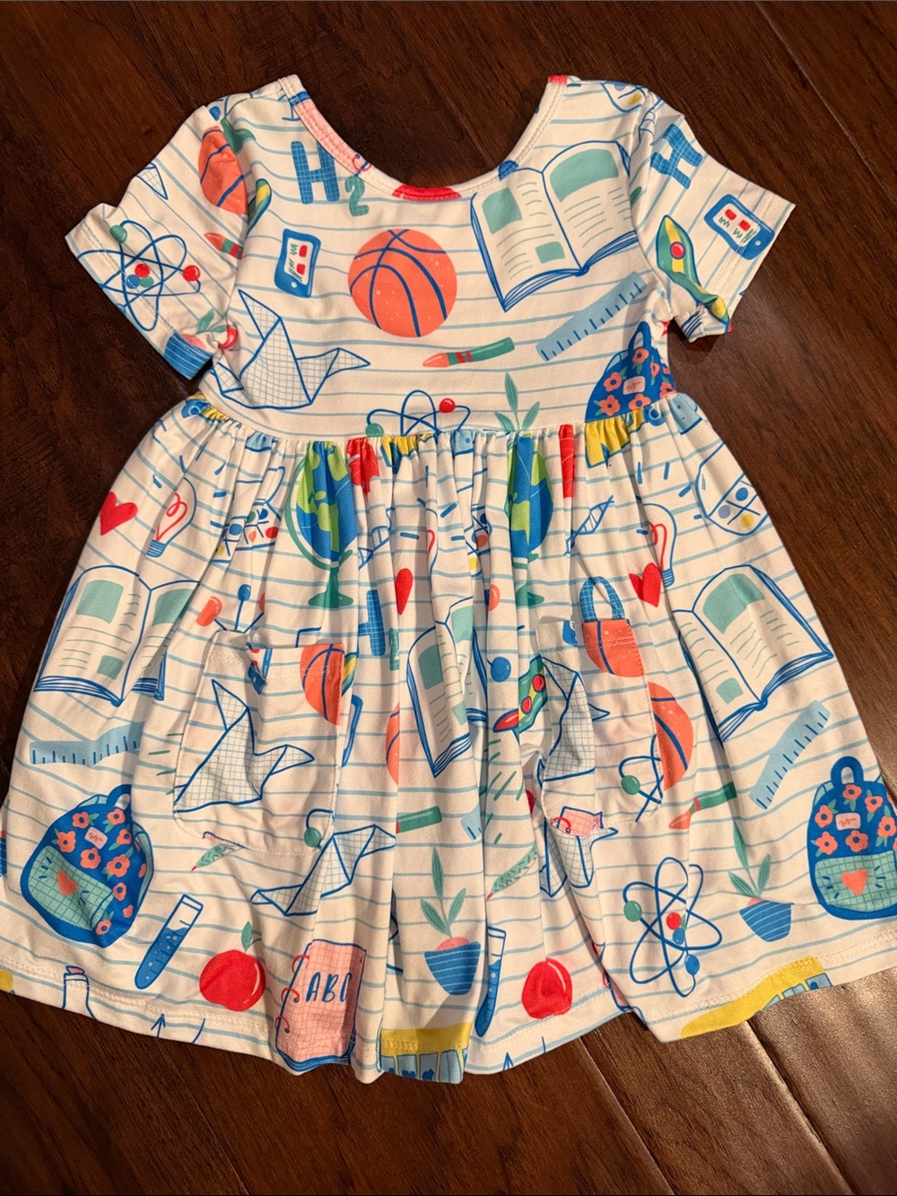 White Kids Casual Short Sleeve Dress with Colorful School Print Accents